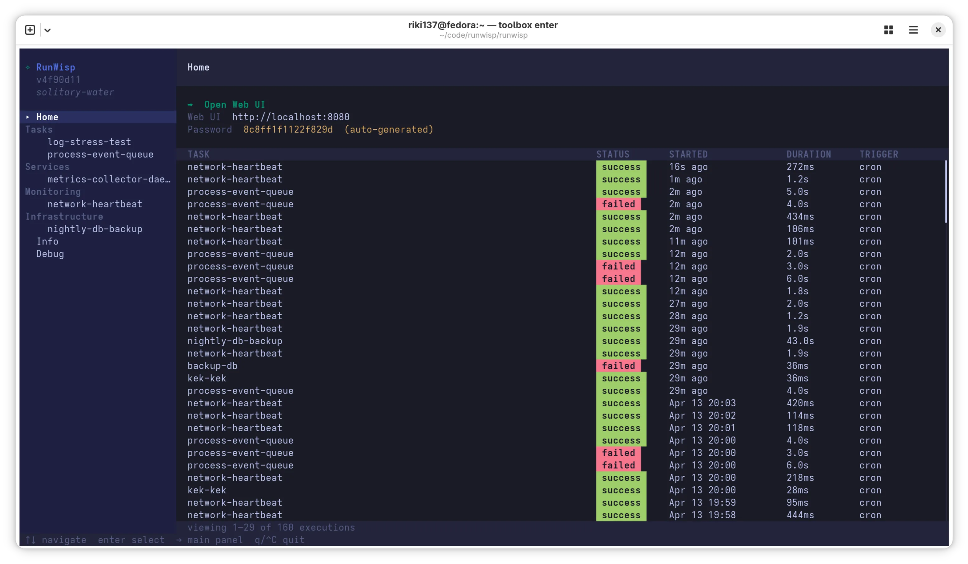 RunWisp terminal UI — task sidebar, live log output, and execution controls.