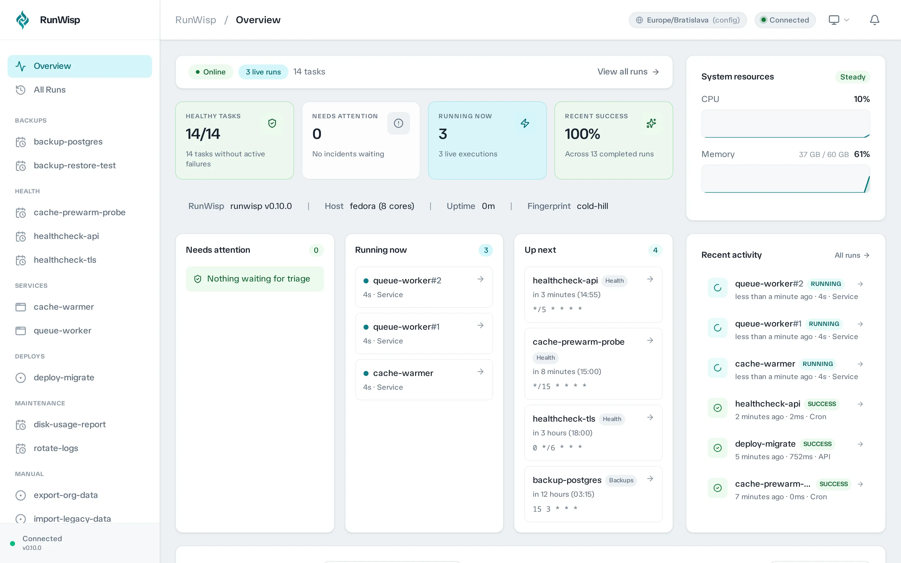 RunWisp web dashboard: task list, execution history, and live log streaming.