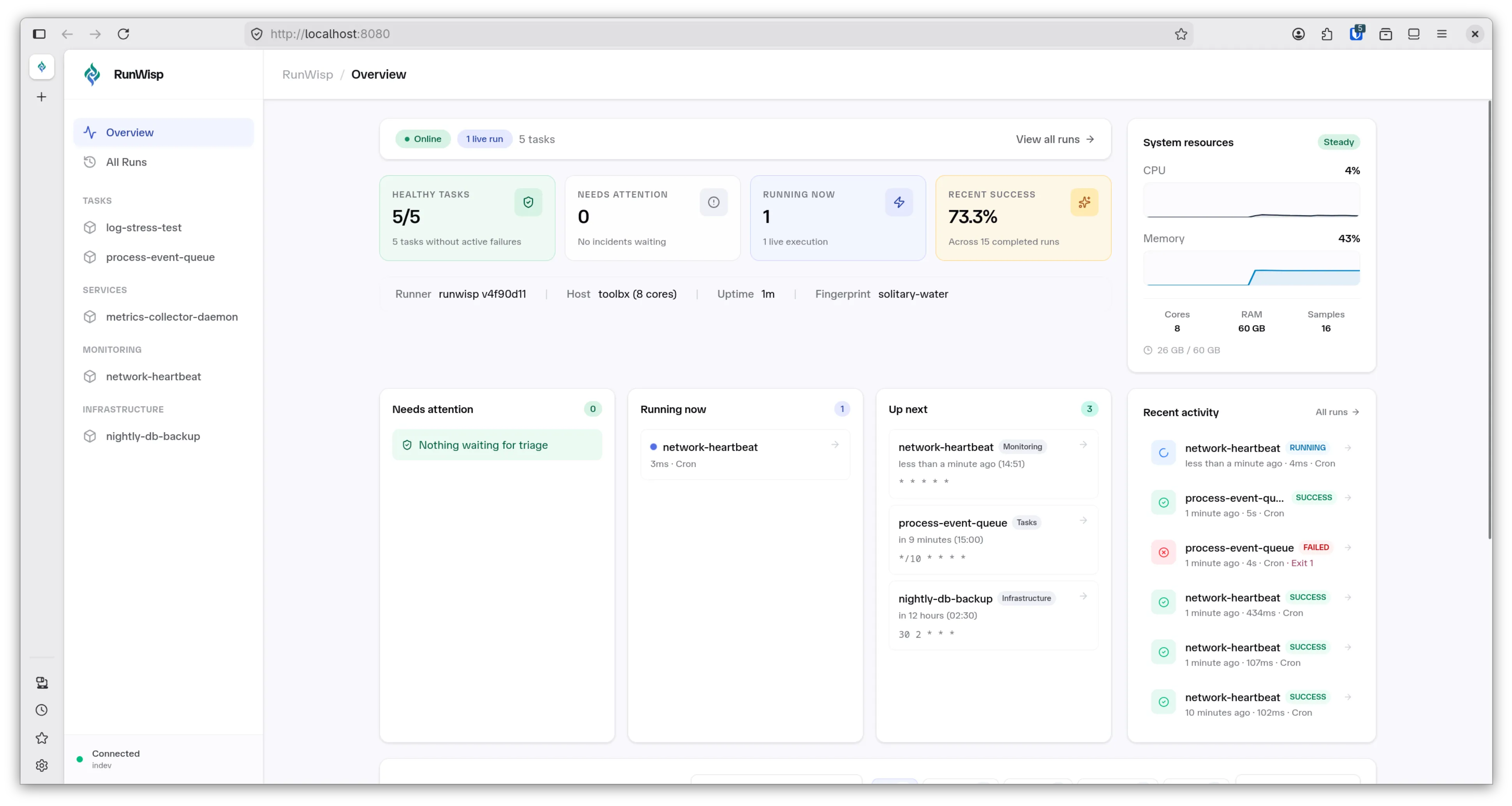 RunWisp web dashboard — task list, execution history, and live log streaming.